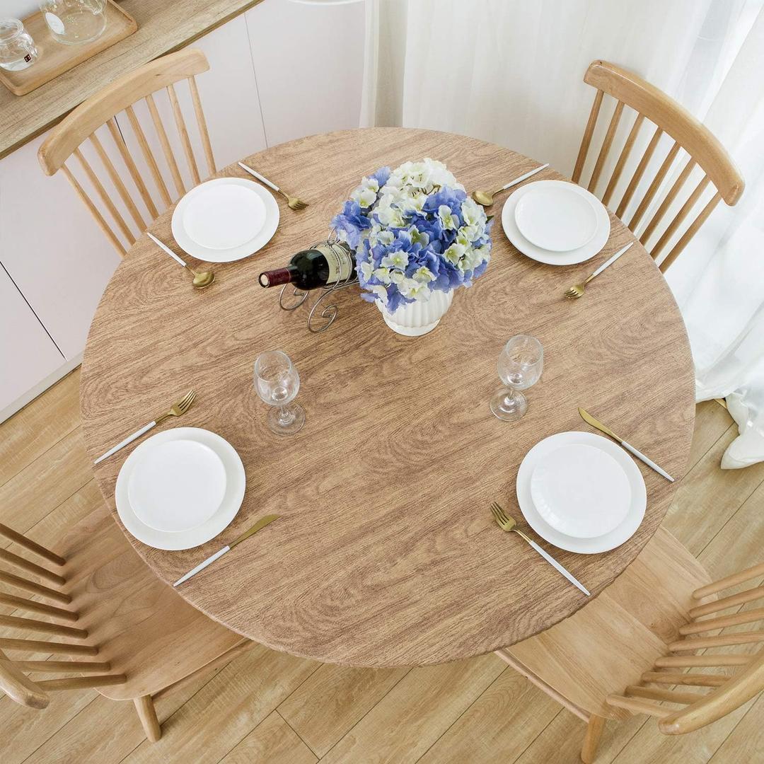 NLMUVW Round Tablecloth Vinyl with Elastic Edge, 100% Waterproof PVC Table Cover Flannel Backing Wipe Clean Table Cloth for Party Dining and Outdoor, Wood, 45"- 56"