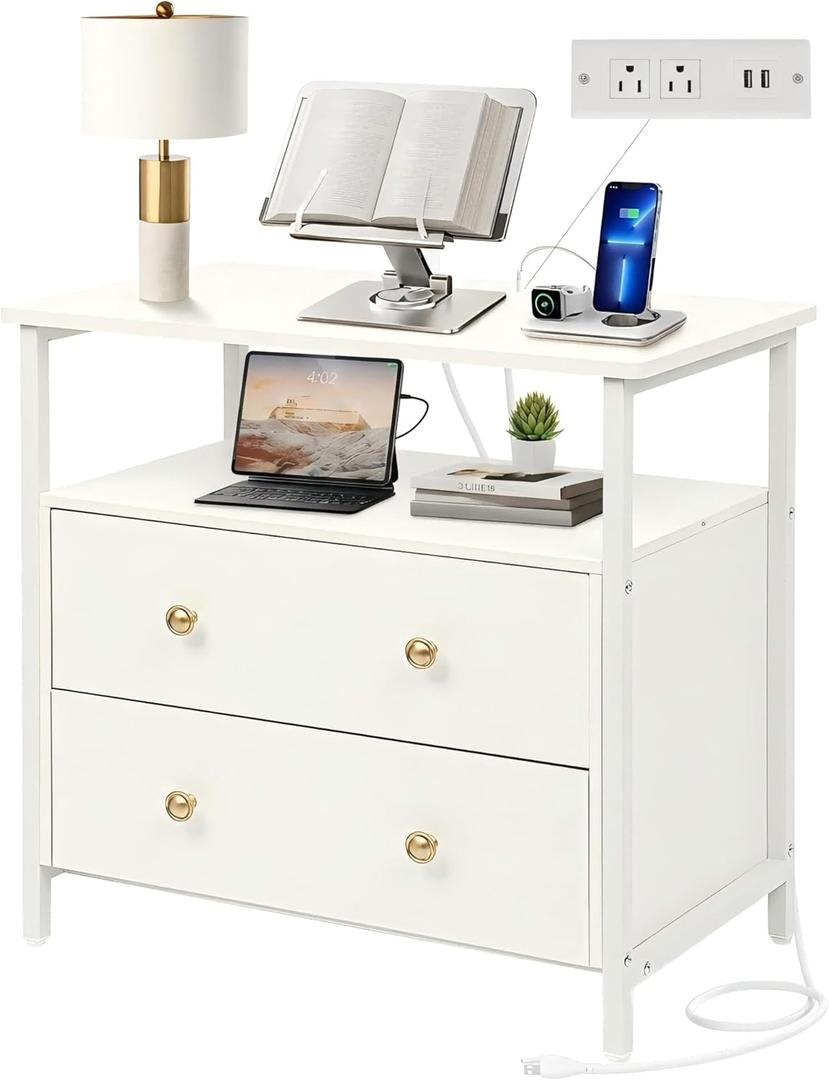 Edbuosy 27 inch Wide Night Stand with Charging Station, Bedside Table with Open Shelf, 2 Drawers Small Wood Dresser, Modern Wood Nightstand for Bedroom/Living Room (White)