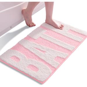 Pink and White Bathroom Rugs, Bath Letters Non Slip Bathroom Mat, Soft Absorbent Cute Bath Mat, Machine Washable Quickly Dry Comfortable Bathmat for Bathtub, Bedroom, Shower, Living Room (16 x 24 in)