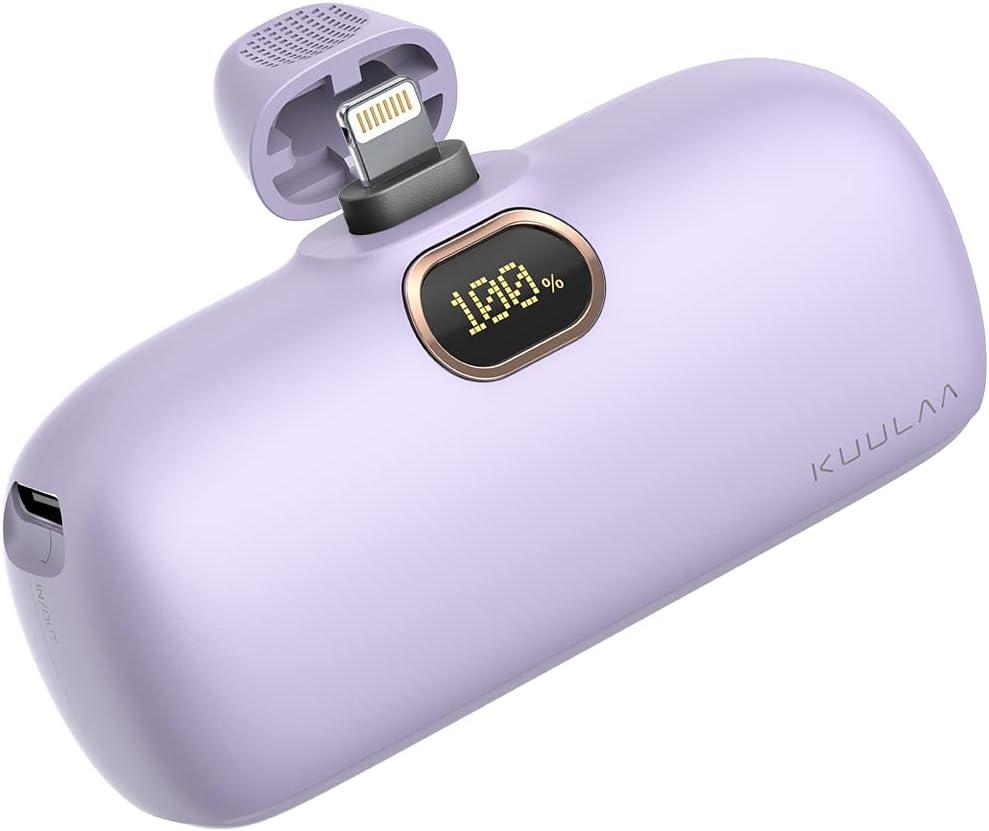 Kuulaa Portable Charger with Built-in Lightning Cable 5000mAh Small iPhone Fast Charging Mini Portable Phone Charger for iPhone 14/13/13 Pro/12/12 Pro/11/XR/XS/X/8/7/6, Purple