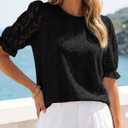 KIRUNDO Lace Tops for Women Trendy 2026 Eyelet Floral Summer Clothes Short Puff Sleeve Spring Blouse Cruise Vacation Outfits (Black, L)