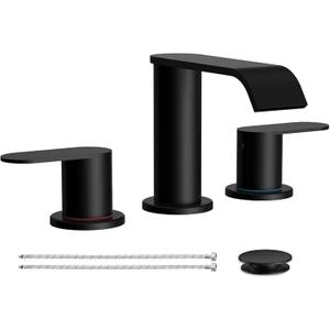Homevacious Matte Black Waterfall Bathroom Faucet for Sink 3 Hole 8 Inch Widespread Bathroom Sink Faucets with Pop-up Drain Supply Lines Stainless Steel 2-Handle Bathroom Sink Faucet for Bath Vanity