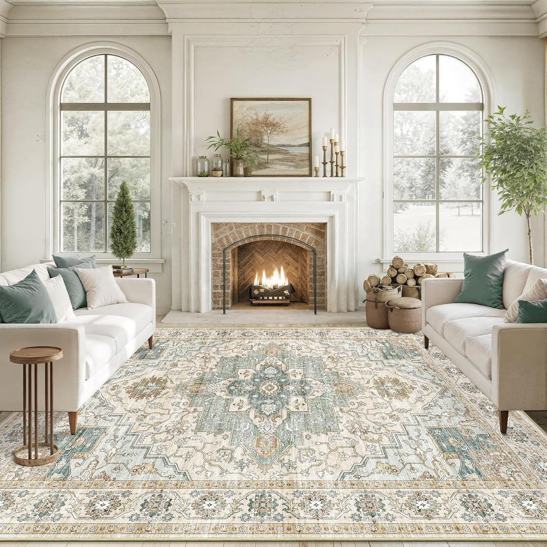 10x14 Living Room Rug - Extra Large Washable Non Slip Vintage Rugs Low Pile Stain Resistant Distressed Carpet for Bedroom Dining Room Home Office 10'x14' Green/Beige