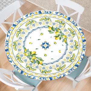 Lemon Round Fitted Tablecloth with Elastic Edge Summer Outdoor Tablecloth Waterproof Table Cover for Picnic Dinner Party Decor Fits 44-48" Diameter Round Tables