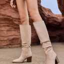 Huiyuzhi Womens Pointed Toe Mid Chunky Heel Side Zipper Knee High Boots Tall Booties