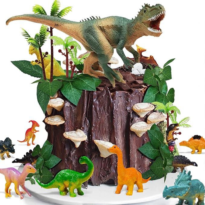 GLAHORSE 26 PCS Dinosaur Cake Toppers With Dinosaur Eggs Leaves Trees Cake Decorations For Birthday,Dinosaur Themed,Jungle Safari, Wild Animals,Kids Party Decorations