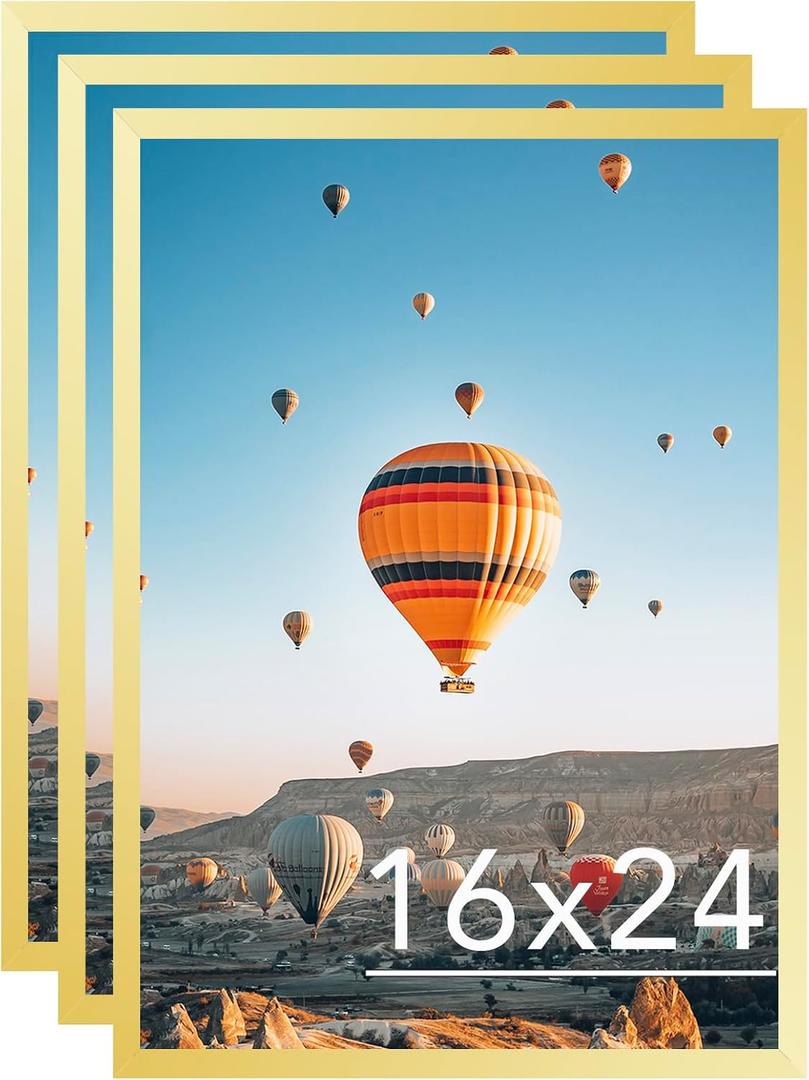 JCJMY 16x24 Picture Frame Set of 3 Gold for Poster Photo Picture and 40x60 cm Canvas, Horizontal and Vertical Formats for Wall Hanging, 16 x 24 Wall Gallery Poster Photo Frame,3 Pack, Gold
