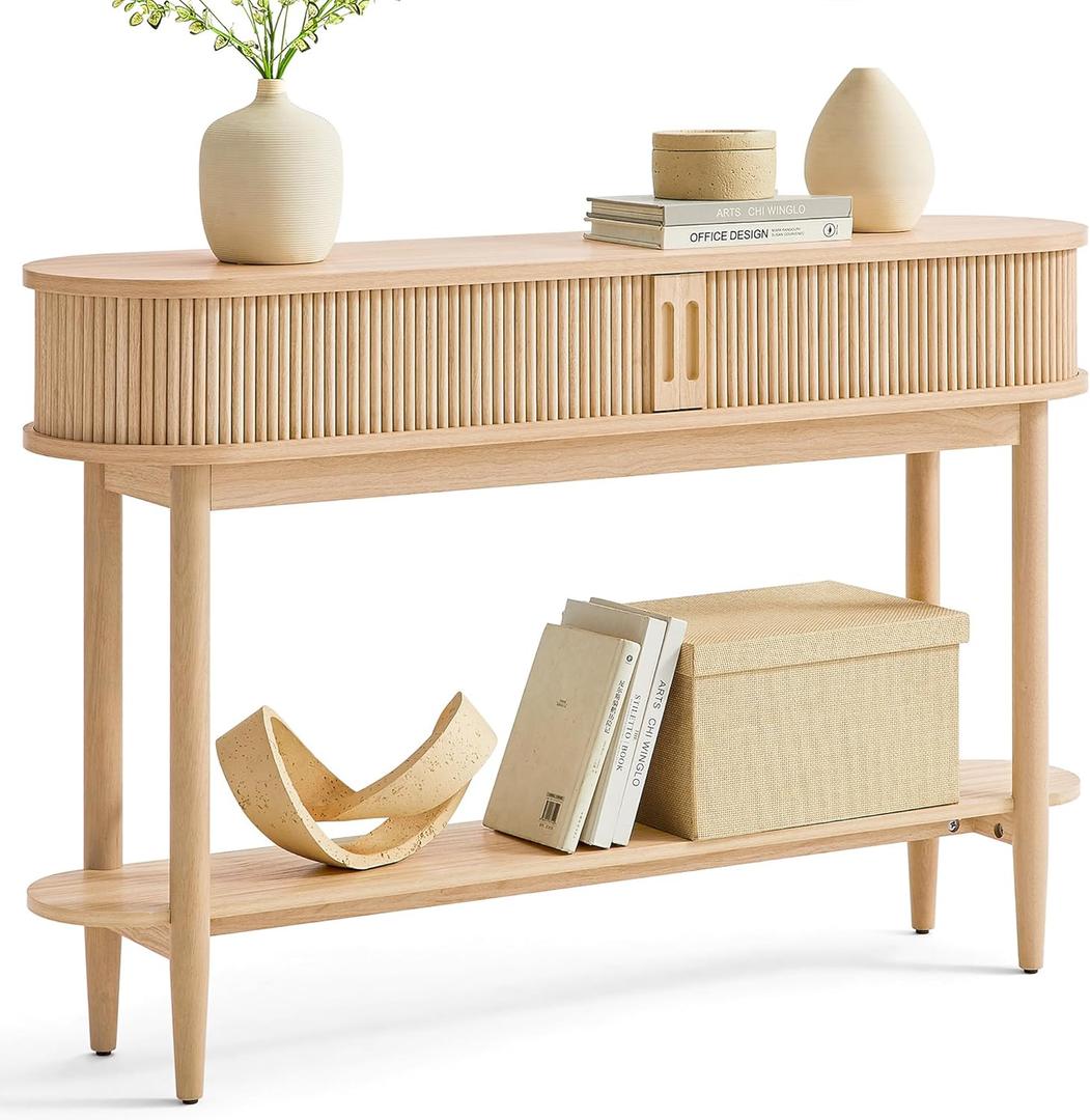 LINSY Fluted Console Table with Storage, Entryway Table Wood Entrance Tables for Front Door, Behind Couch Sofa Table with Shelves, Foyer Tables for Hallways, Living Room Boho Furniture, Light Wood