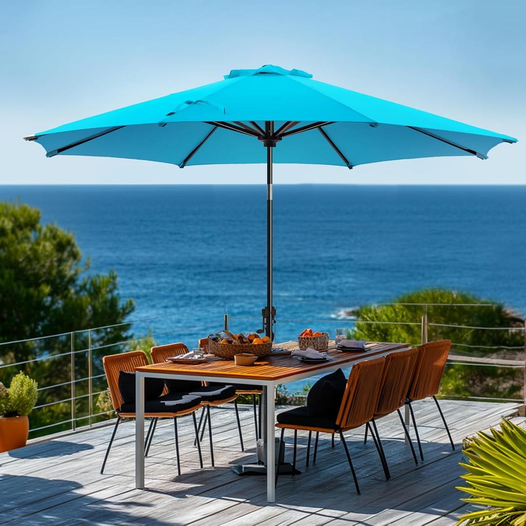 wikiwiki 9 FT Patio Umbrellas Outdoor Table Market Umbrella with Push Button Tilt/Crank, 8 Sturdy Ribs, Fade Resistant Waterproof POLYESTER DTY Canopy for Garden, Lawn, Deck, Backyard & Pool, Sky Blue