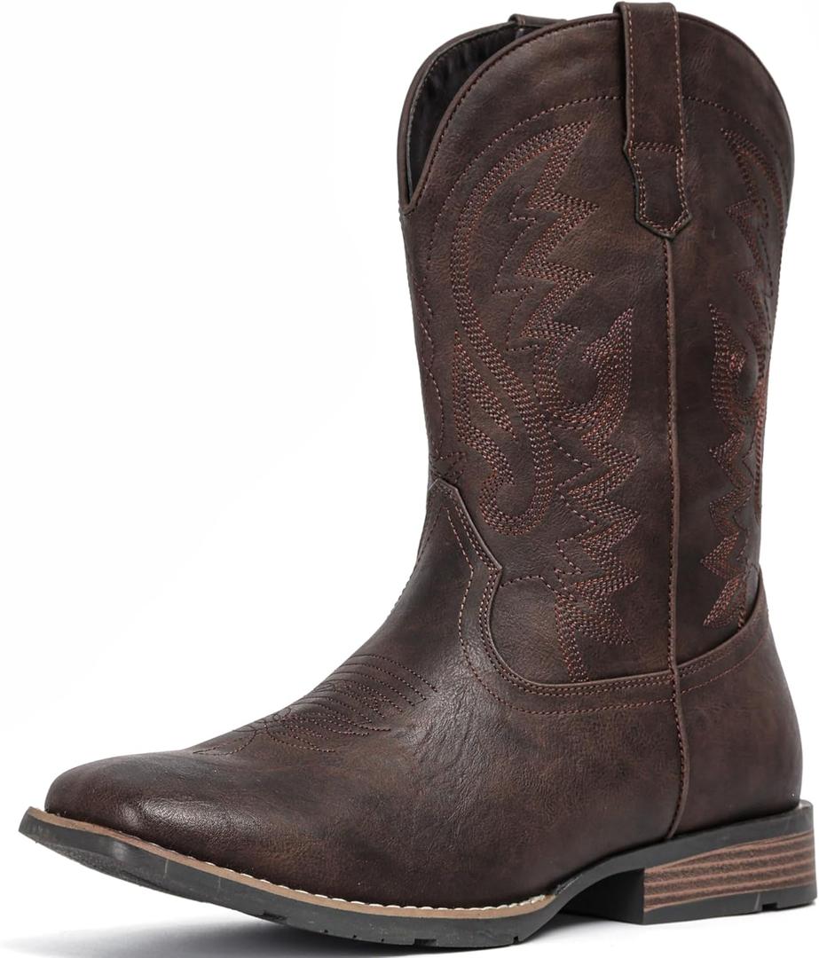 IUV Cowboy Boots For Men with Wide Square Toe Western Retro Boot Durable Classic Fashionable Embroidered Pull On Slip Resistant Boots (10.5, Coffee)