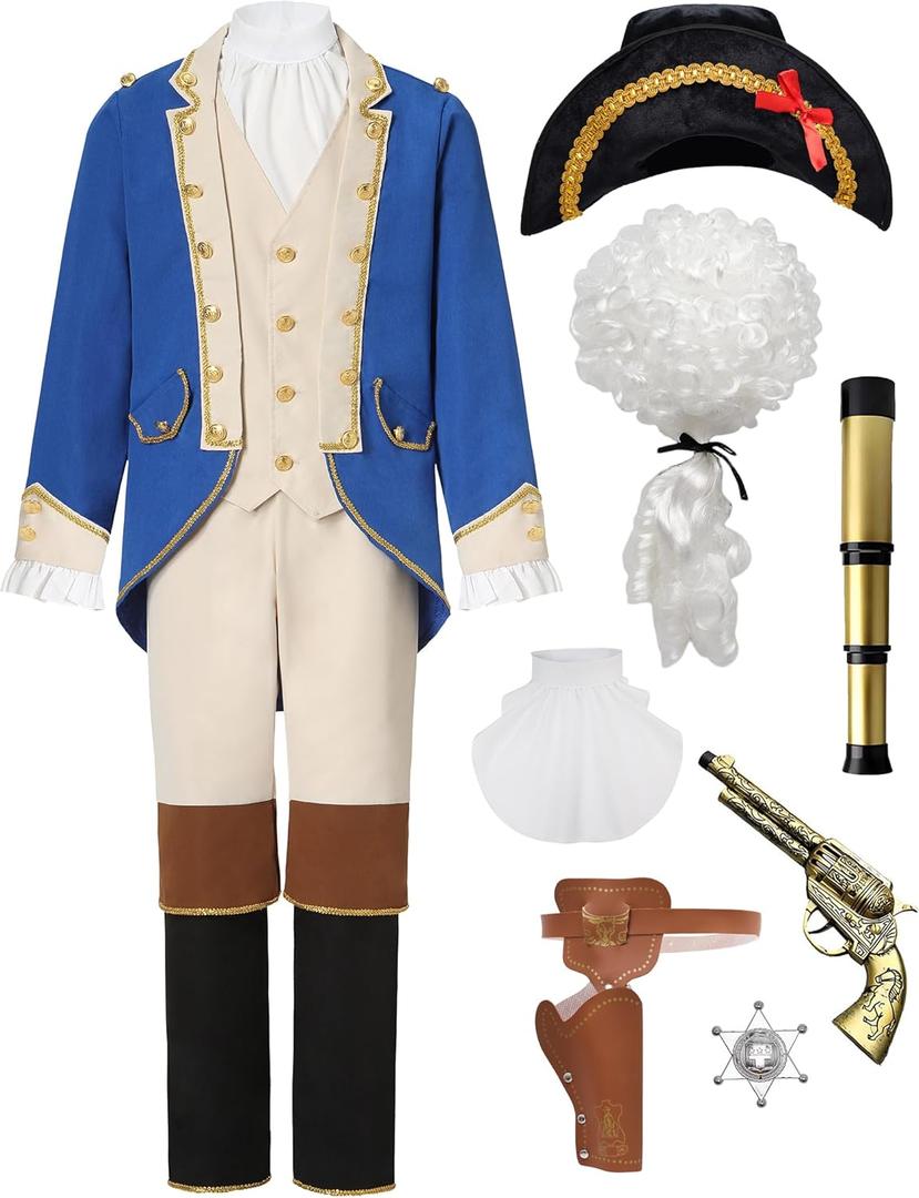 Founding Father Costume Boys Colonial Patriot Revolutionary War Costume Kids Boys (160, Blue)