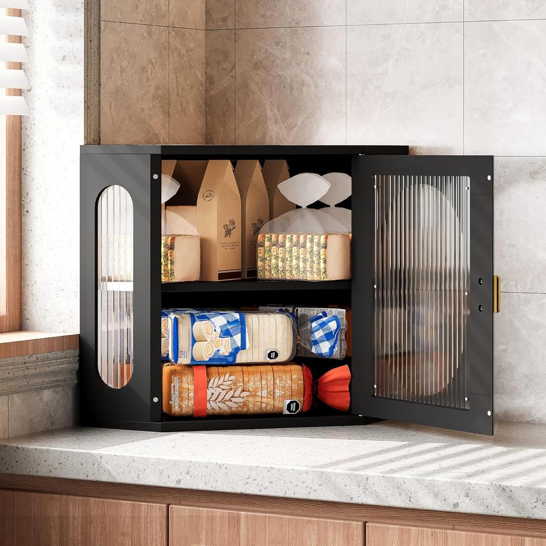 Alpeir Corner Bread Box, Solid Wood Double Layer Adjustable Large Capacity, Farmhouse Vintage Kitchen Countertop Organizer with Acrylic Window, Black