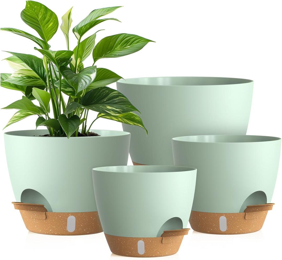 Plant Pots, 4 Pack 12/10/9/8 Inch Self Watering Pots with Drainage Holes, Water Level Indicator Deep Reservoir, Large Planters for Indoor Outdoor Plants - Green Brown