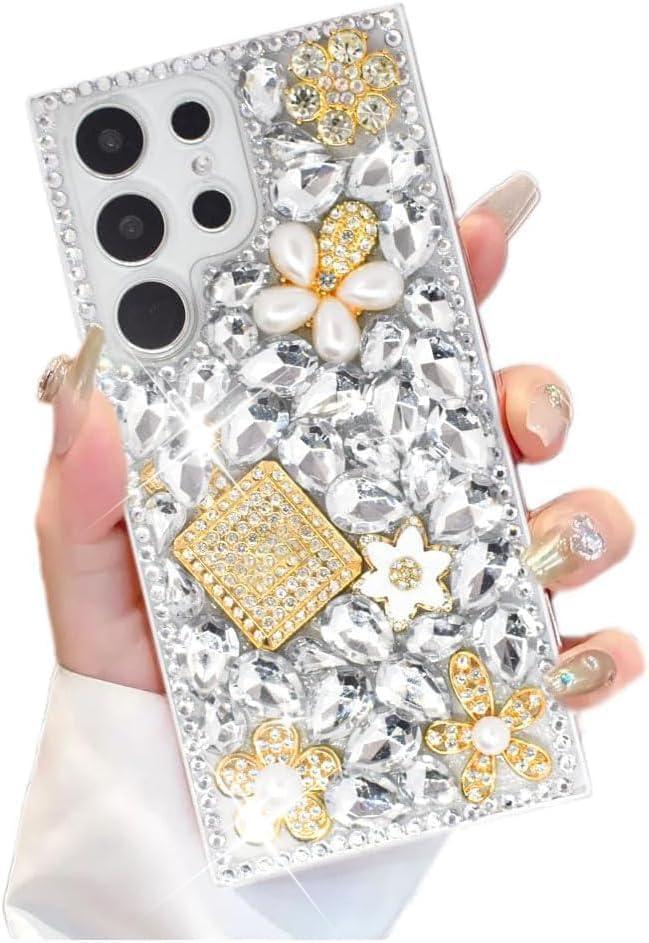 for Galaxy S23 Plus Bling Case for Women Girl,3D Bling Shiny Rhinestone Diamond Crystal Perfume Bottle & Flower Soft Protective Anti-Fall Case for Galaxy S23