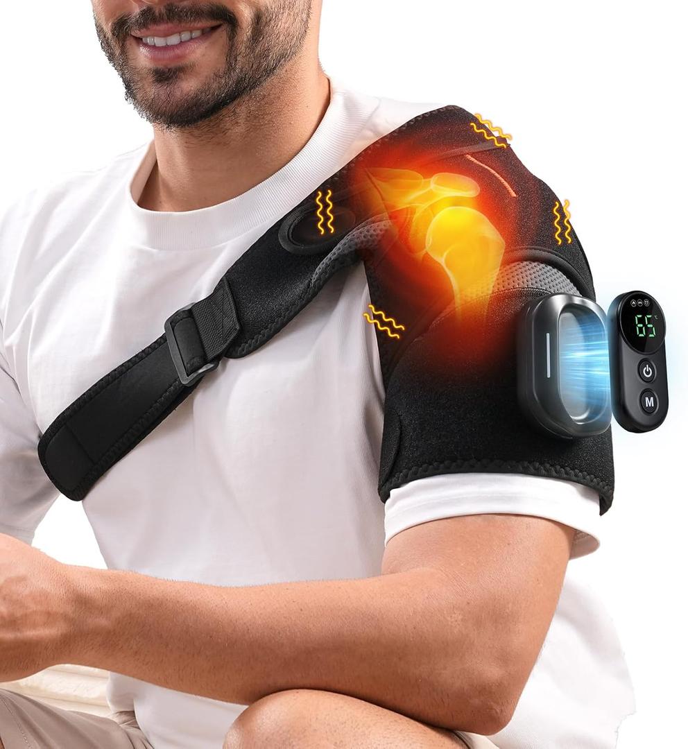 Cordless Shoulder Heating Pad with Detachable Remote, 5 Heat and 5 Vibration Heated Shoulder Wrap, Shoulder Brace Massager for Pain Relief, Warm Gifts for Women Men