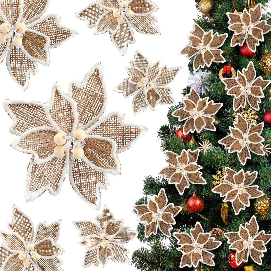 Giegxin 12 Pcs Christmas Burlap Poinsettia Flowers Artificial Xmas Natural Burlap Flower with Faux Picks 7.9inches Vintage DIY Christmas Tree Wreath Ornaments for Home New Year Party Decoration Supply