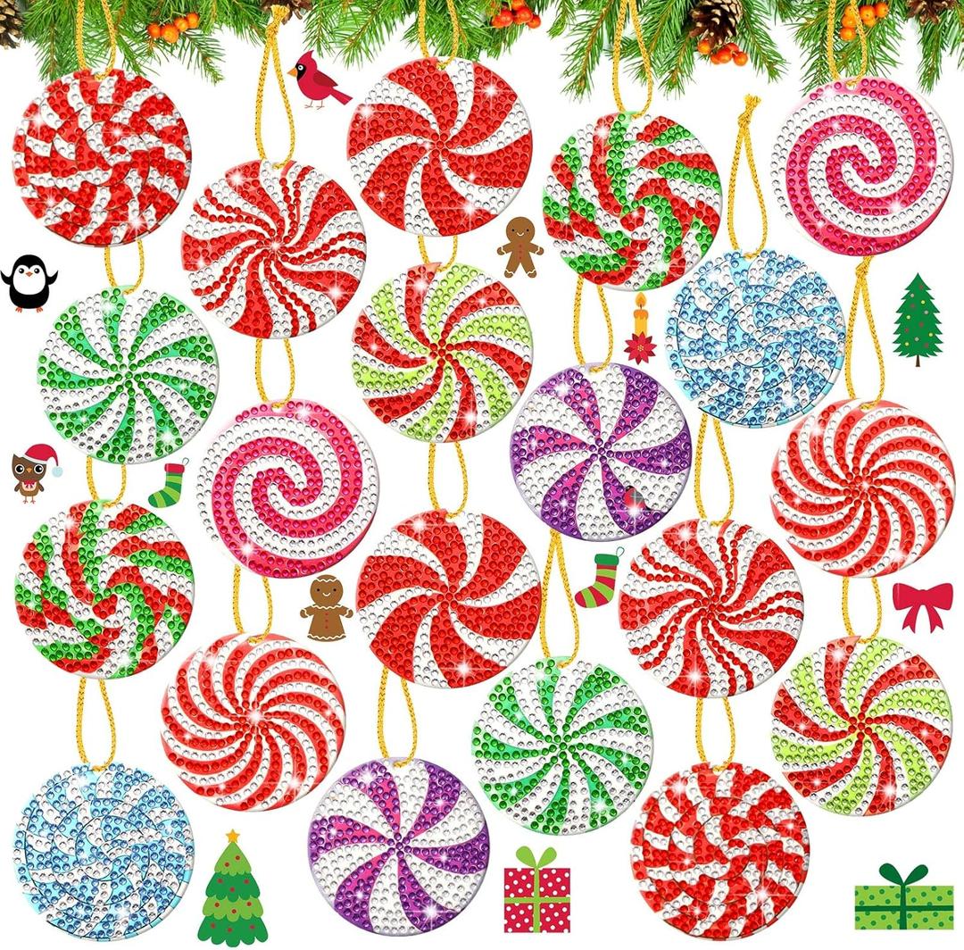 Skylety 20 Pcs Christmas Diamond Art Ornaments Candy Diamond Painting Kit for Adult 5d DIY Xmas Gift Wrap Tags with Rope Winter Hanging Ornaments for Christmas Tree Party Craft Decor