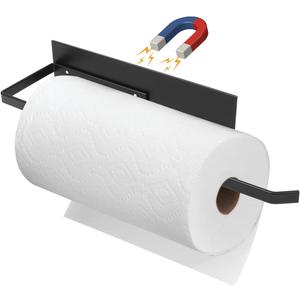 Paper Towel Holder, Magnetic Paper Towel Holder for Fridge, Toilet Paper Roll Holder Magnet Towel Rack Wall Mount Fridge Organizer for Paper Towels Rolls Bathroom Pantry RV Kitchen Storage (Black)