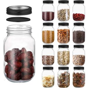 Novelinks 32 OZ Clear Plastic Mason Jars with Airtight Lids - Mason Jars for Kitchen & Household Storage (12 PACK, Black)