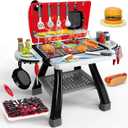 Kids Play Kitchen Toys, Kids BBQ Grill Kitchen Playset with Smoke, Sound & Light, Play Food Toys Cooking Set, 2-Layer Barbecue Outdoor Play Grill Toy Gift for Toddler Boys Girls 3-5 (Red)