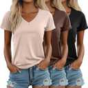 Ficerd 3 Pack Women's V Neck T Shirts, Cotton Summer Casual Short Sleeve Tops Loose Fit Rolled Sleeve Tees 2025 Trendy Shirts (Black, Coffee, Cream), M
