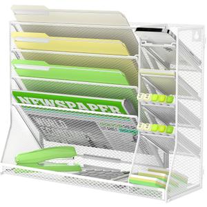 5-Tier Wall File Organizer with 4 Pen Holders and R-Shaped Tray,White