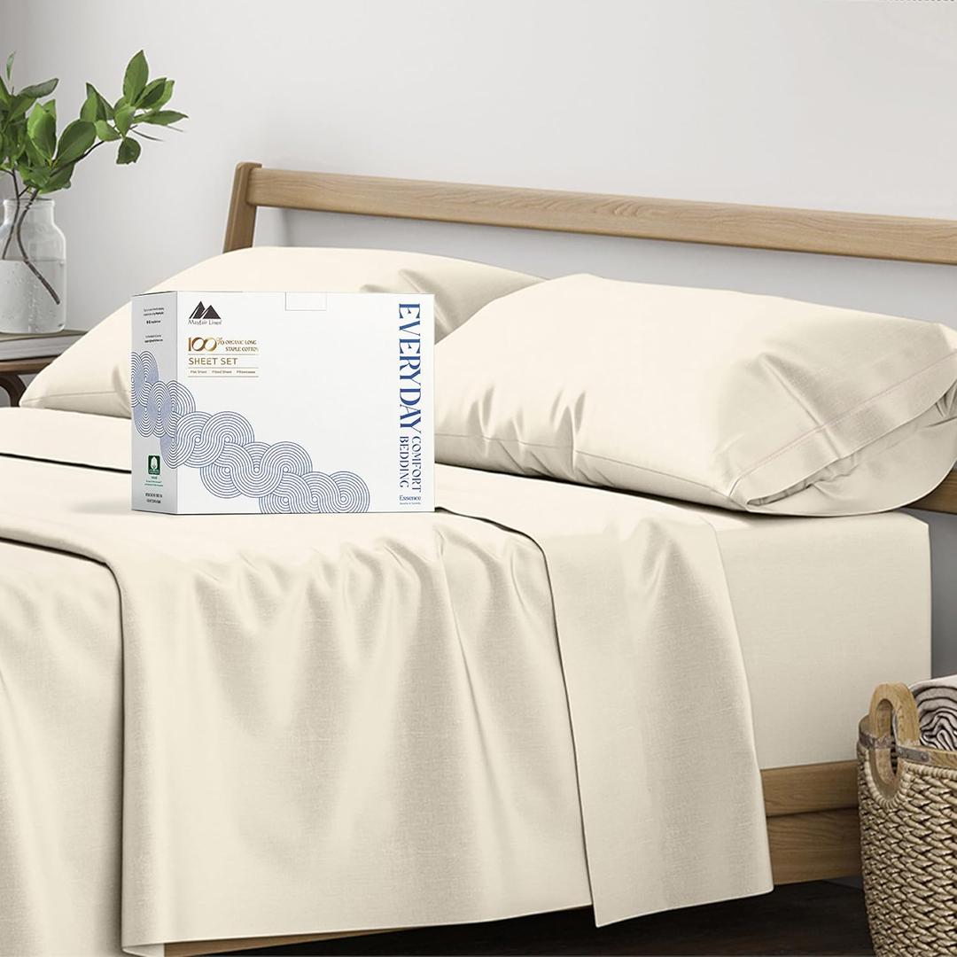 Mayfair Linen 100% Organic Cotton Sheets Queen Size - 4 PC Ivory Organic Cotton Percale Sheets Queen Set, Soft, Cooling & Breathable Bedsheets, 16" Deep Pocket Hotel Bedding Set - GOTS Certified