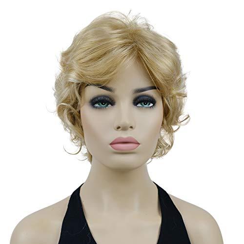 Lydell Women's Short Wavy Curly Wig Synthetic Hair Full Wig Blonde Highlights 6 inches