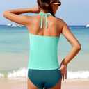 Girls Swimsuit Size 8-10 Two Piece Girl Bathing Suit Halterneck Lace-up Front Cross Tummy Control Slimming Tankini Girl's Swimwear Set Lake Blue (Green)