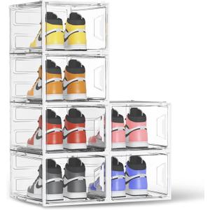 Shoe Storage Boxes Fit Size 13, White Plastic Stackable Shoe Organizer for Closet, Shoe Rack & Holder Sneaker Container, Thicken & Sturdy 6-Sided Hard Clear White 6 Pack