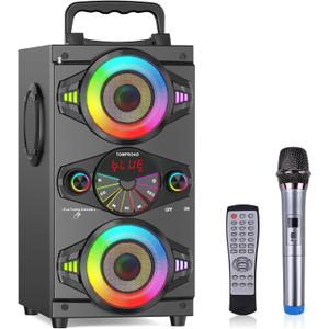 Bluetooth Speakers, 60W Portable Wireless Loud Outdoor Home Party Bluetooth Speaker with Subwoofer, FM Radio, LED Colorful Lights, Microphone, Remote and Big Powerful Stereo Deep Bass Sound Boombox