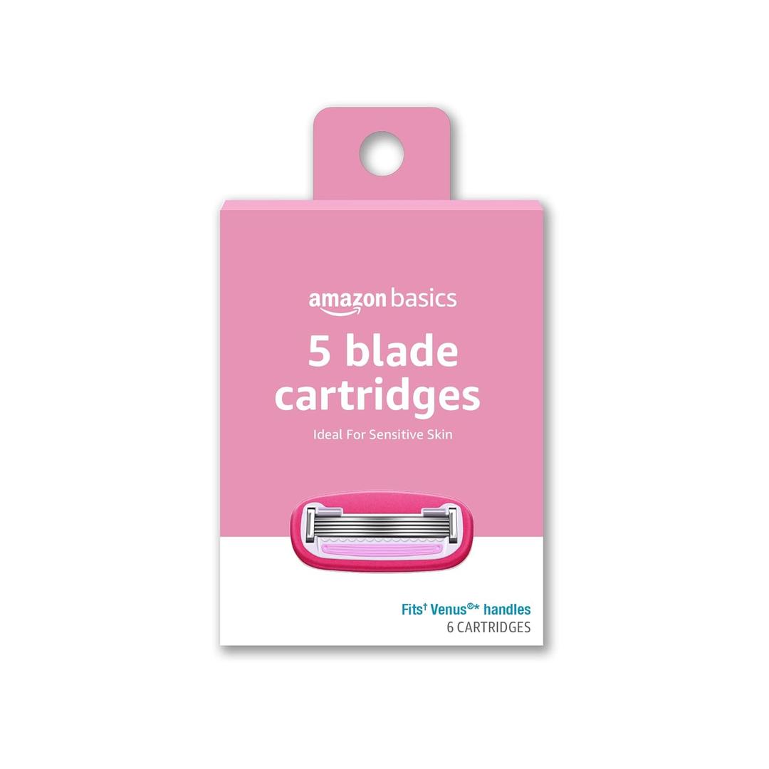 Amazon Basics Women's 5 Blade Razor Blades Refills, Fits Amazon Basics FITS System & Venus Handles, 6 Cartridges (Pack of 1)