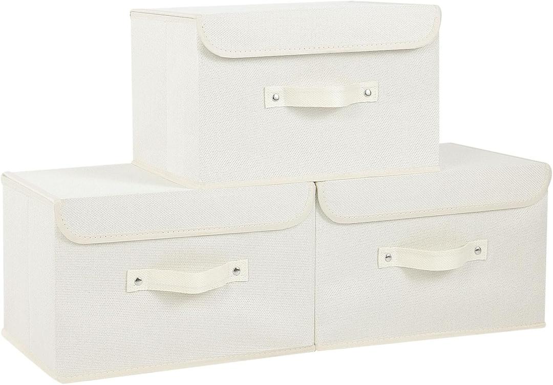 Fabric Storage Bins Cube Organizers with Flip-Top Lid and Handles,Storage Boxes for Organizing Home,Office,and Closet,Beige,3 Pack 13X9.1X7.9 in