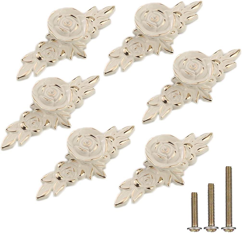 6 Pack European Style Rose Cabinet Knobs with Backplate,102mm Vintage Kitchen Zinc Alloy Flower Drawer Pull Handle for Dresser Vanity Cupboard Wardrobe Ivory White & Gold Edge, 6 Pack, 4.0"