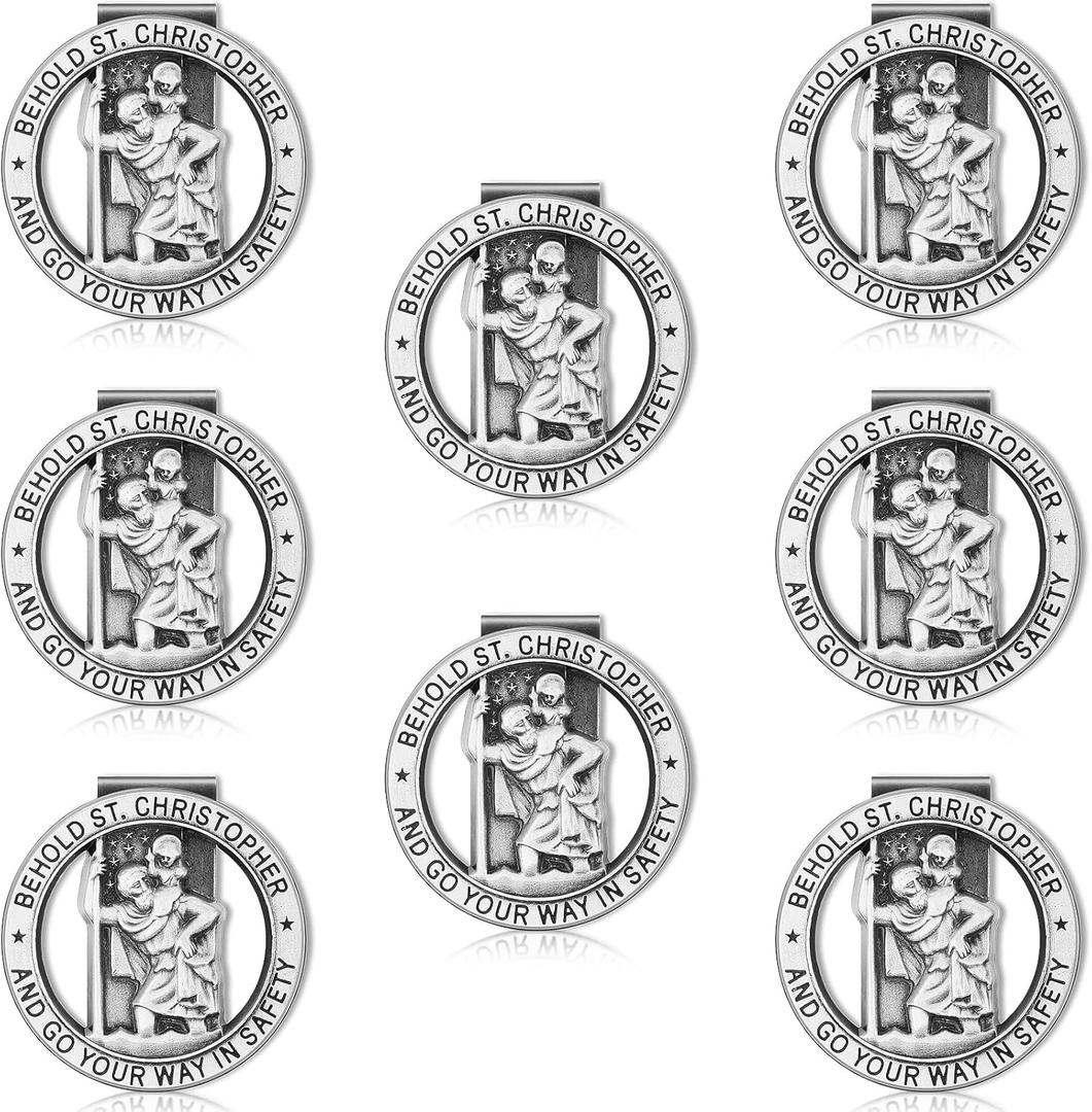 8 Pieces St Christopher Medal for Car Silver Saint Christopher Visor Clip Religious Car Medals Go Your Way in Safety Clip Auto Sun Visor Accessories for Parent Family Friend
