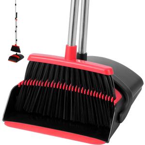 Broom and Dustpan Set, Broom Dustpan Combo Set for Home Commercial Cleaning Supplies Angle Broom with Long Handle Perfect for Courtyard Garage Street (Broom-red)