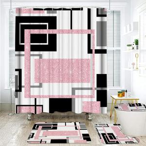 Onalasyc 4Pcs Pink Geometric Shower Curtain with Rugs Set Waterproof Pink Bathroom Sets with Shower Curtain and Rugs Abstract Geometric Modern Bathroom Curtains Shower Set with 12 pcs Hooks