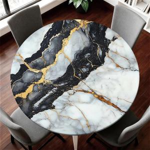 Waterproof Round Tablecloth with Elastic Edge, Fitted Round Table Cover Wipeable Summer Tablecover Fits Tables up to 53-60 for Kitchen Picnic Party, Black White Marble