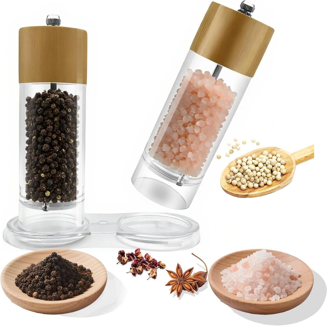 2 Pack 6'' Acrylic Salt and Pepper Grinder Set with Wood Base, Manual Pepper and Salt Mills with Adjustable Ceramic Core (Oak Wood)