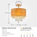 3-Light Drum Wood & K9 Crystal Ceiling Lights, Farmhouse Style Semi-Flushmount Light Fixture for Dining Room, Living Room & Bedroom, D12 * H14 inch, Solid Wood Lampshade & Gold Finish