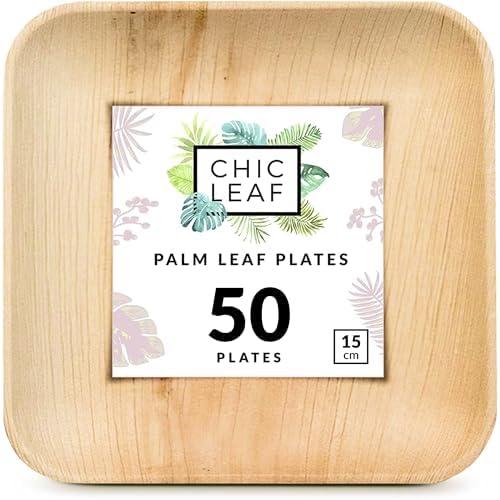 Chic Leaf Palm Leaf Compostable Plates Disposable - 6" Square, 50 Pack - Heavy-Duty Biodegradable, Disposable Party Bamboo Appetizer Plates - Party Serving Supplies