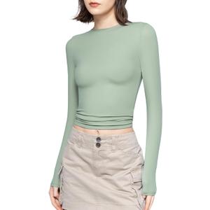 PUMIEY Women's Long Sleeve T Shirts Crew Neck Slim Fit Tops Sexy Basic Tee Smoke Cloud Pro Collection