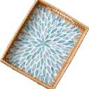 i-lan 14 Inch Rectangular Rattan Woven Tray Basket with Light Blue MOP Wooden Base and Handles, Boho Wicker Coffee Table Serving Tray Dcor with 2 Inch Wall, Handmade Display Basket for Dining Room (13.8" x 10.8" x 1.6")