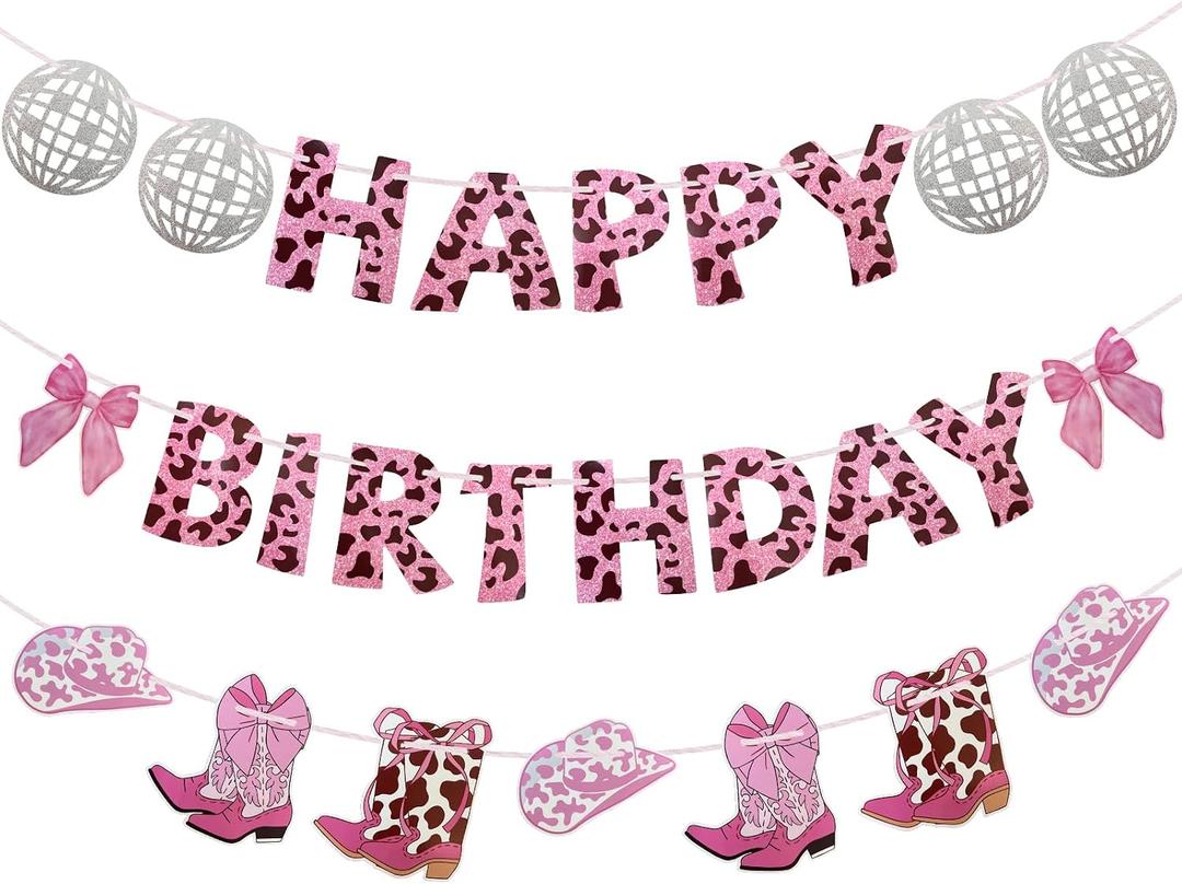 3 x Cowgirl Birthday Party Decorations - Coquette Bow Disco Ball Pink Happy Birthday Cowgirl Boots Banners for Women, Western Disco Cowgirl Party Decorations