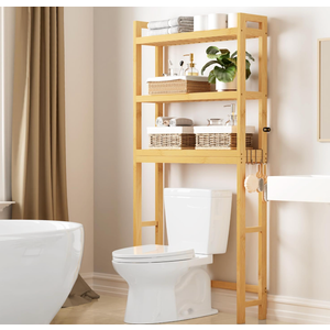 Smiry Over The Toilet Storage Cabinet, 3-Tier Bamboo Bathroom Organizers with Adjustable Shelf & 4 Hooks, Space Saving Shelf Rack for Bathrooms, Laundry Room, Balcony, Black