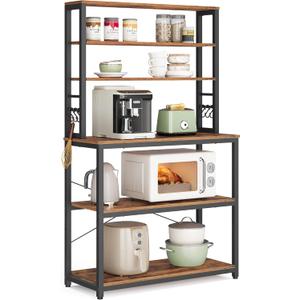 VASAGLE Coffee Bar, 31.5 Inches Baker's Rack for Kitchen with Storage, 6-Tier Kitchen Shelves with 6 Hooks, Microwave Stand, Industrial, Rustic Brown and Ink Black UKKS019B01