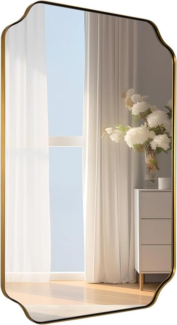MIRRORART Gold Bathroom Mirror 24x36 Inch, Scalloped Mirrors for Bathroom Sink, Notched Corner Rectangle Mirror in 1 Stainless Steel Metal Frame Home Remodel Wall Mount Vertical/Horizontal