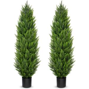 Briful 5ft. Cedar Topiary Trees Artificial Outdoor Set of 2 Realistic Faux Cedar Pines, UV Resistant Fake Shrubs Cypress Trees, Potted Floor Plants for Home Decor Indoor Farmhouse Patio Door