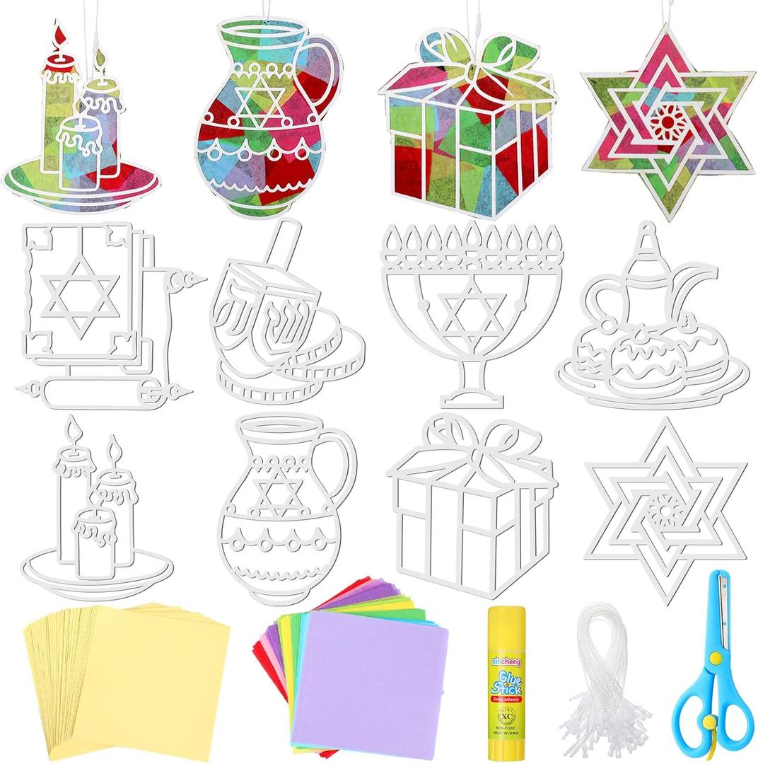 Watersay 40 Set DIY Hanukkah Suncatcher Craft Chanukah Paper Suncatchers Crafts Stained Glass Effect Paper Star of David Jewish Menorah Suncatcher Crafts for Window Art Classroom Art Decor