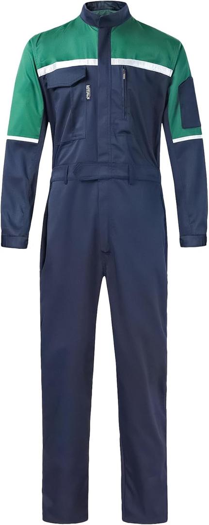 Mens Reflective Coverall Work Mechanics Coverall Work Suit Hi Vis Jumpsuit Bicolor Overalls (Small, Blue+green)